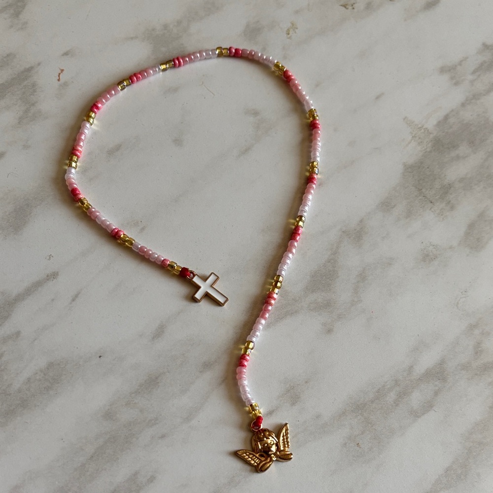 Handmade Pink Beaded Necklace with Cross and Angel Charms Book Mark